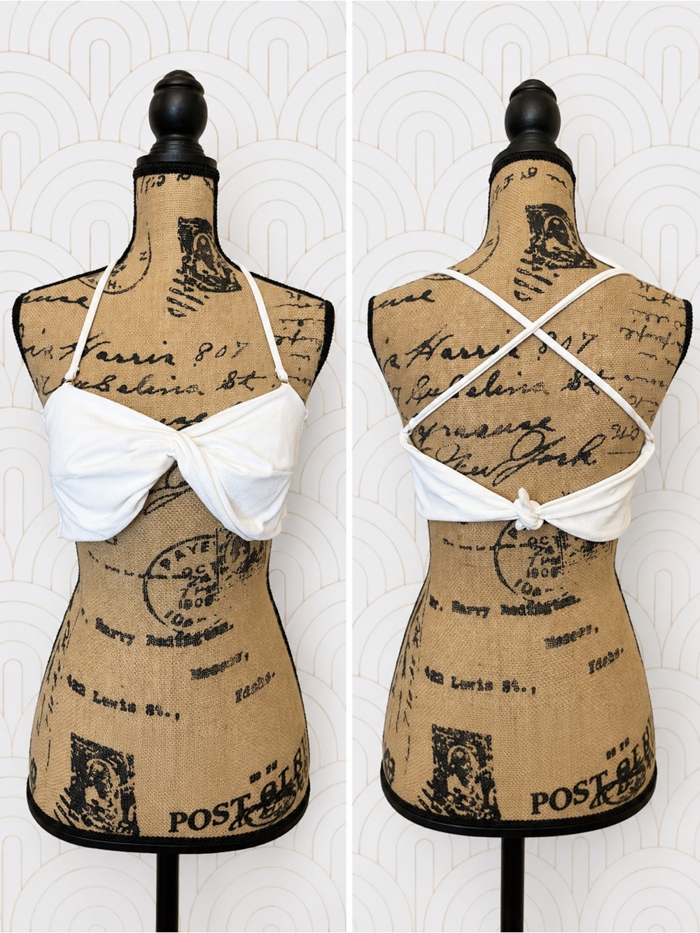 Revel Rey White Twist Front Bikini or Halter Top with Cross-Back Straps